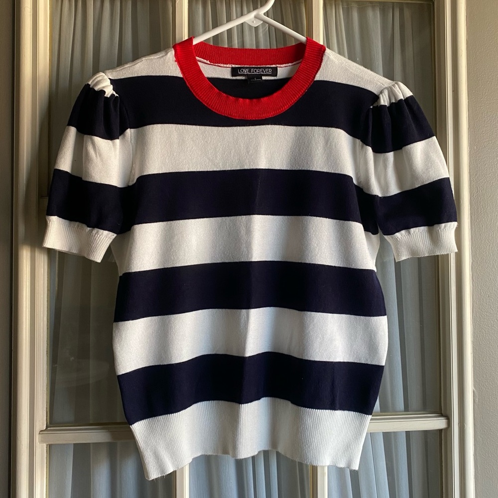 Love Forever Navy and White Striped Puff Sleeve Sweater